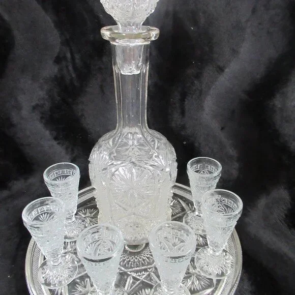 Vintage Clear-Cut Glass Decanter with Tray and 6 Glasses Bar Accessories
